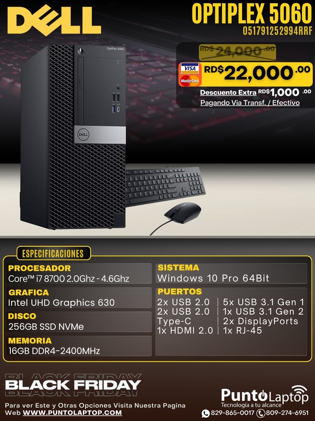 ❞𝐑𝐞𝐟𝐮𝐫𝐛𝐢𝐬𝐡𝐞𝐝❞ Dell OptiPlex 5060 TOWER Core™ i7 8700 256GB SSD 16GB WIN10 Pro Keyboard Mouse BLACK