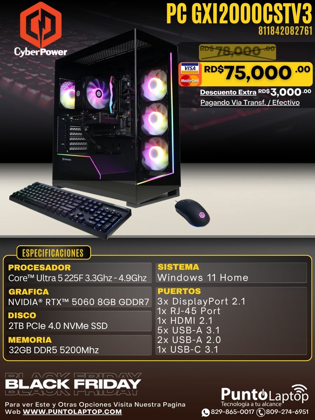 CyberPower PC GXi2000CSTV3 GAMING Core™ Ultra 5 225F 2TB SSD 32GB W11 NVIDIA® RTX 5060 8GB