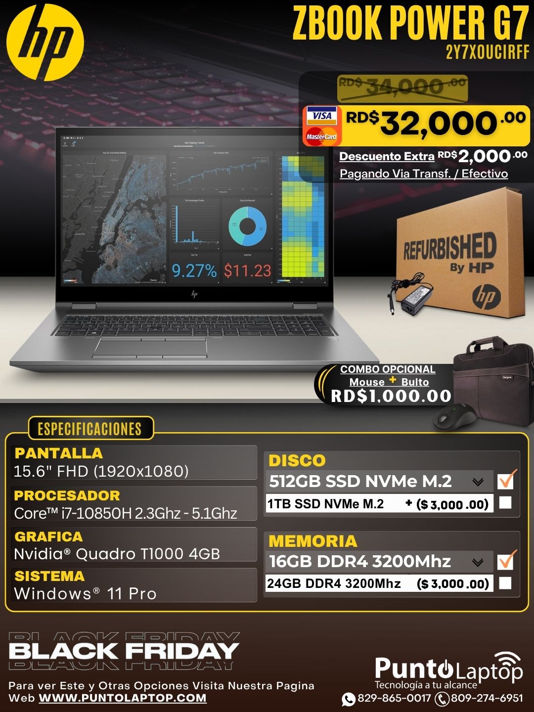 HP ZBook Power G7 15.6" FHD Core™ i7-10850H 512GB SSD 16GB W11-Pro NVIDIA® Quadro T1000 4GB GRAY Bcklt