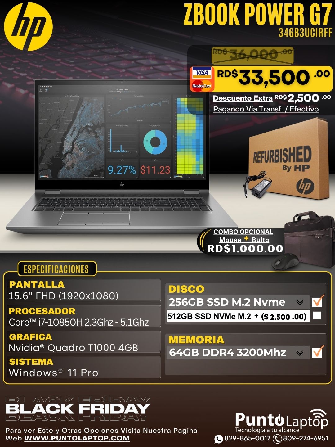 HP ZBook Power G7 15.6" FHD Core™ i7-10850H 256GB SSD 64GB W11-Pro NVIDIA® Quadro T1000 4GB GRAY Bcklt