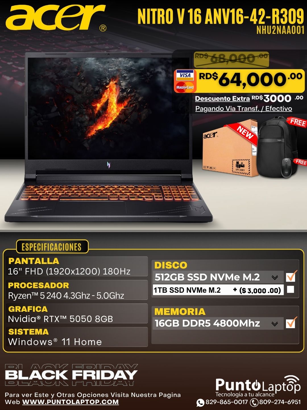 Acer NITRO V 16 ANV16-42-R309 16" FHD 180Hz AMD Ryzen™ 5 240 512GB SSD 16GB W11 NVIDIA® RTX 5050 8GB BLACK