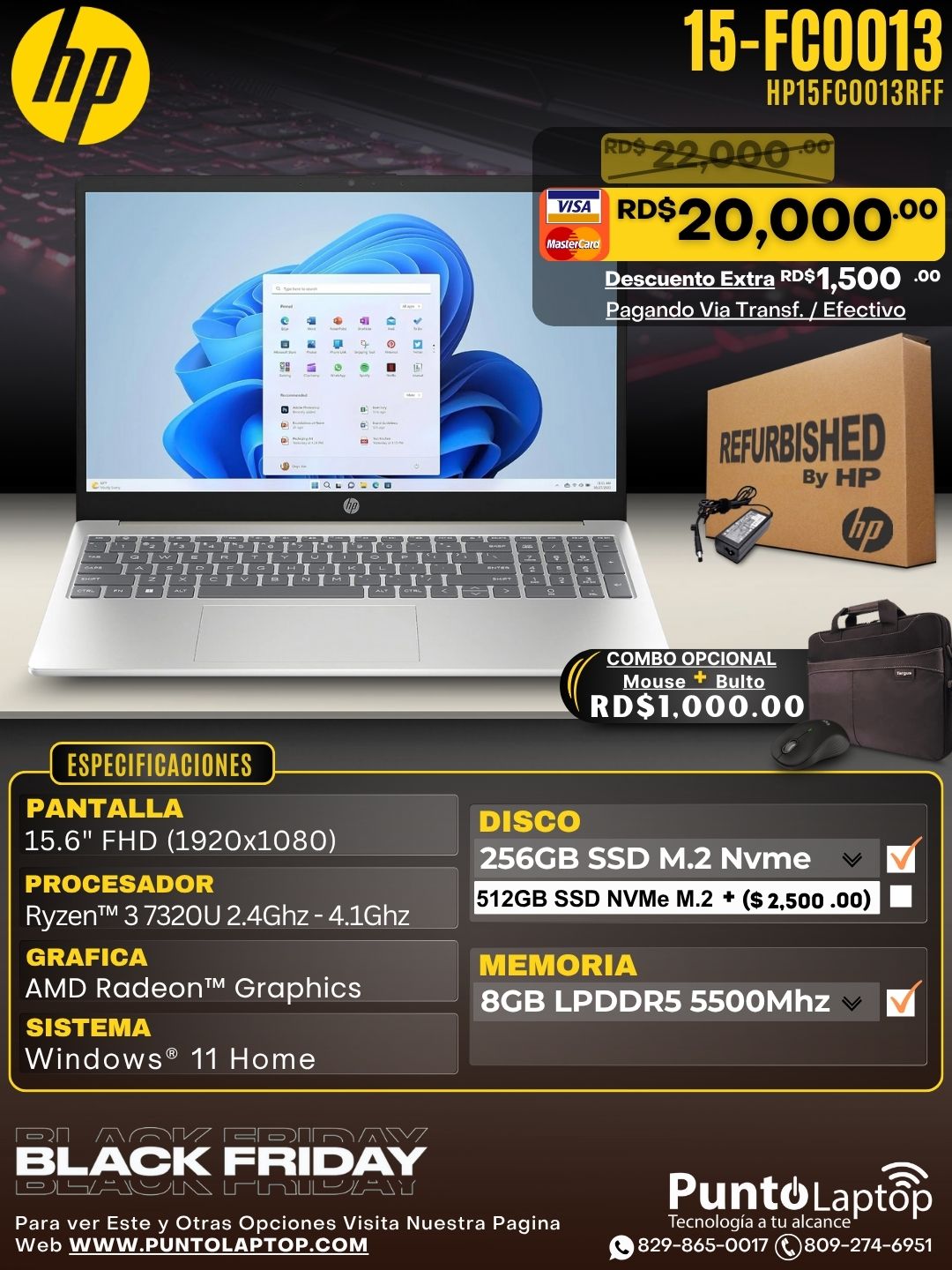 ❞𝐑𝐞𝐟𝐮𝐫𝐛𝐢𝐬𝐡𝐞𝐝❞ HP 15-FC0013 15.6" FHD Ryzen™ 3 7320U 256GB SSD 8GB W11 SILVER