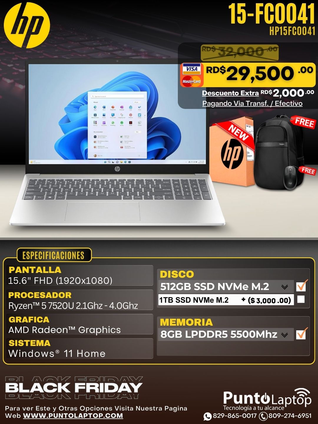 HP 15-FC0041 15.6" FHD Ryzen™ 5 7520U 512GB SSD 8GB W11 NATURAL SILVER