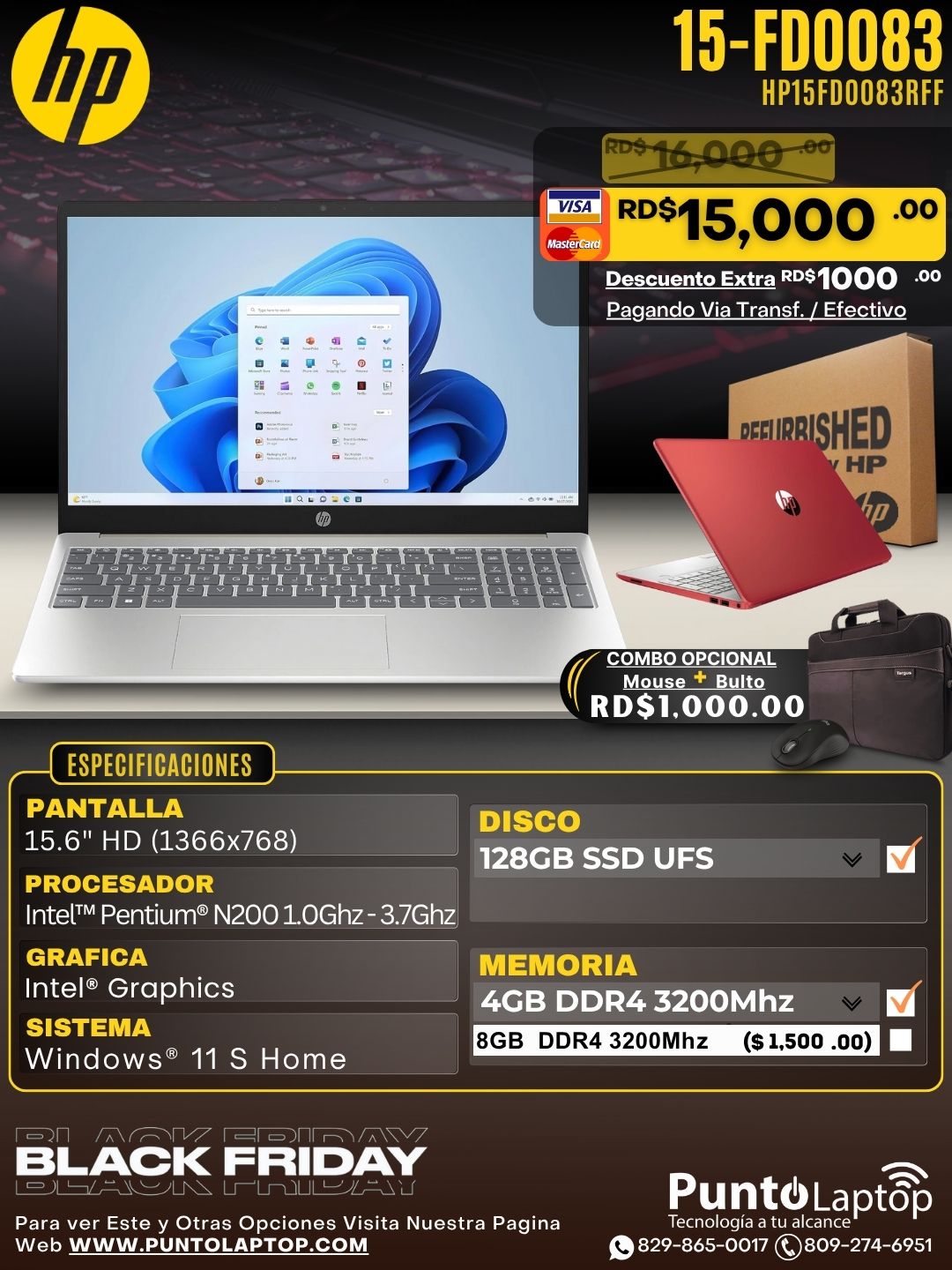 ❞𝐑𝐞𝐟𝐮𝐫𝐛𝐢𝐬𝐡𝐞𝐝❞ HP 15-FD0083 15.6" (1366x768) Pentium® N200 128GB UFS 4GB W11 S RED