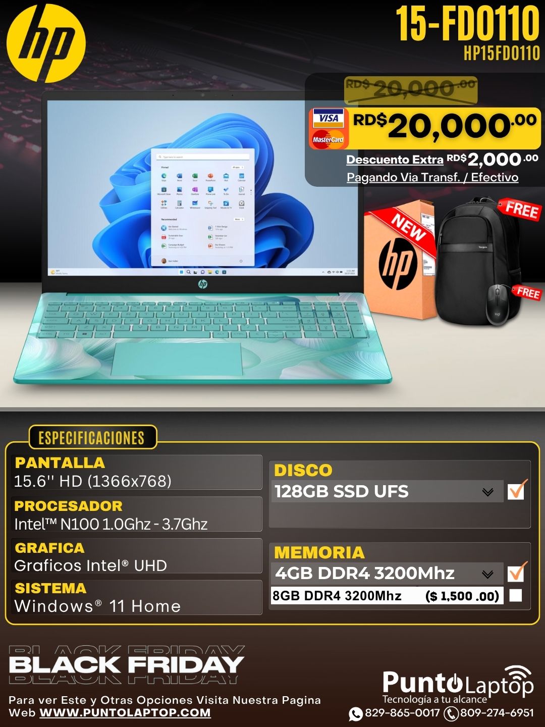 HP 15-FD0110 15.6" HD Intel N100 128GB SSD 4GB W11 AQUAMARINE SKY