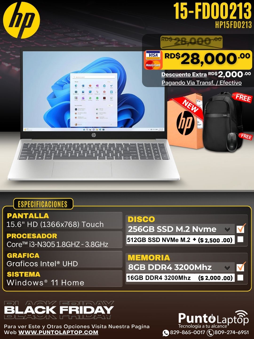 HP 15-FD00213 15.6" HD Touch Core™ i3-N305 256GB SSD 8GB W11 SILVER