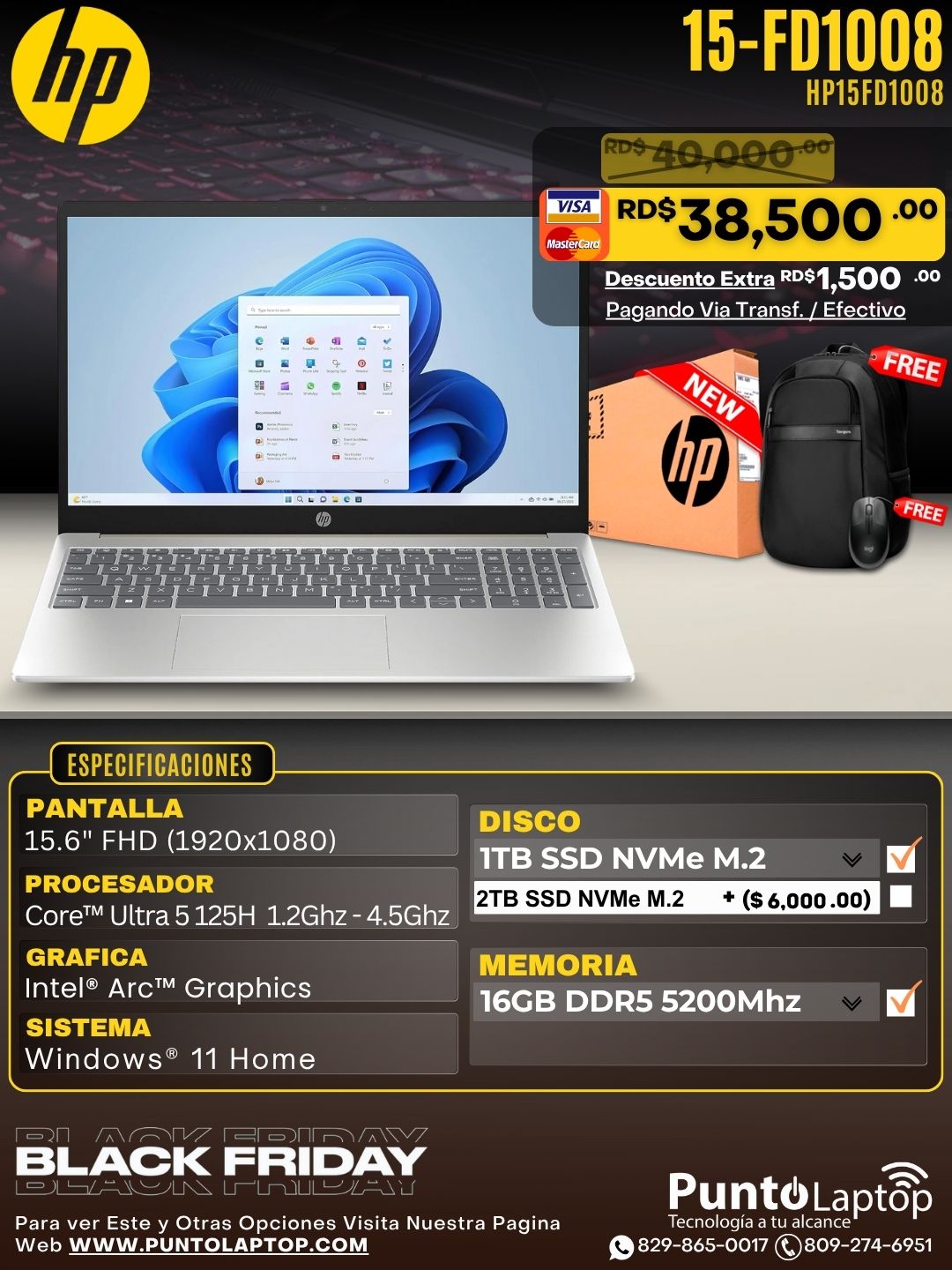 HP 15-FD1008 15.6" FHD Core™ Ultra 5 125H 1TB SSD 16GB W11 SILVER Bcklt