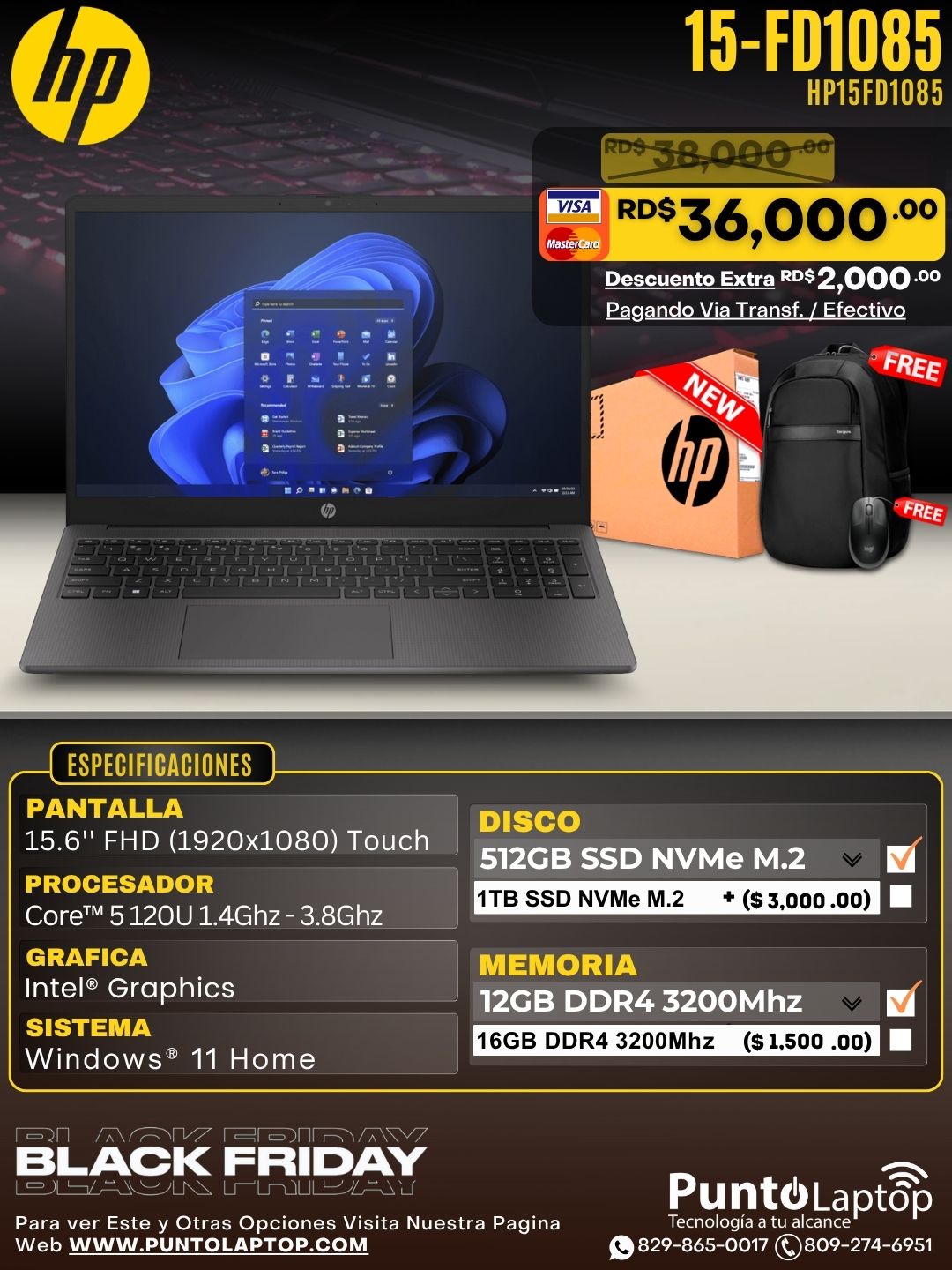 HP 15-FD1085 15.6" FHD Touch Core™ 5 120U 512GB SSD 12GB W11 BLACK