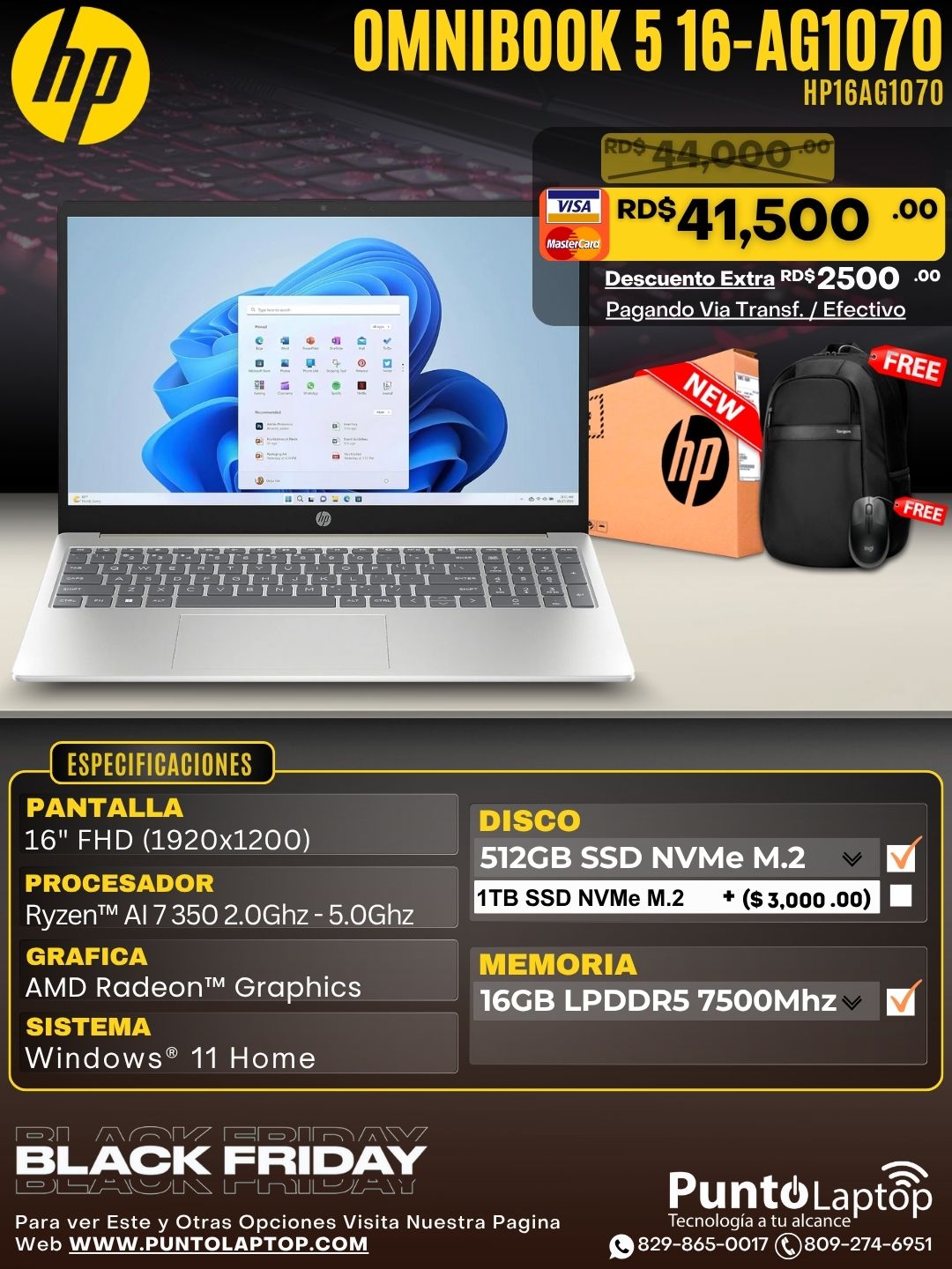 HP OmniBook 5 16-AG1070 16" Ryzen™ AI 7 350 512GB SSD 16GB W11 GLACIER SILVER Backlit