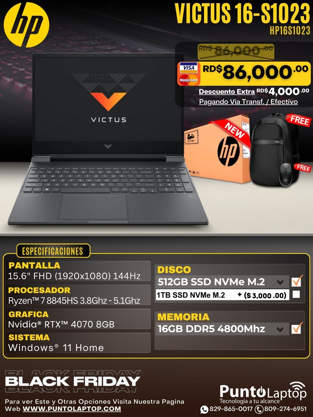 HP VICTUS 16S-1023 16.1" FHD 144Hz IPS Ryzen™ 7 8845HS 512GB SSD 16GB W11 NVIDIA® RTX 4070 8GB MICA SILVER Bcklt