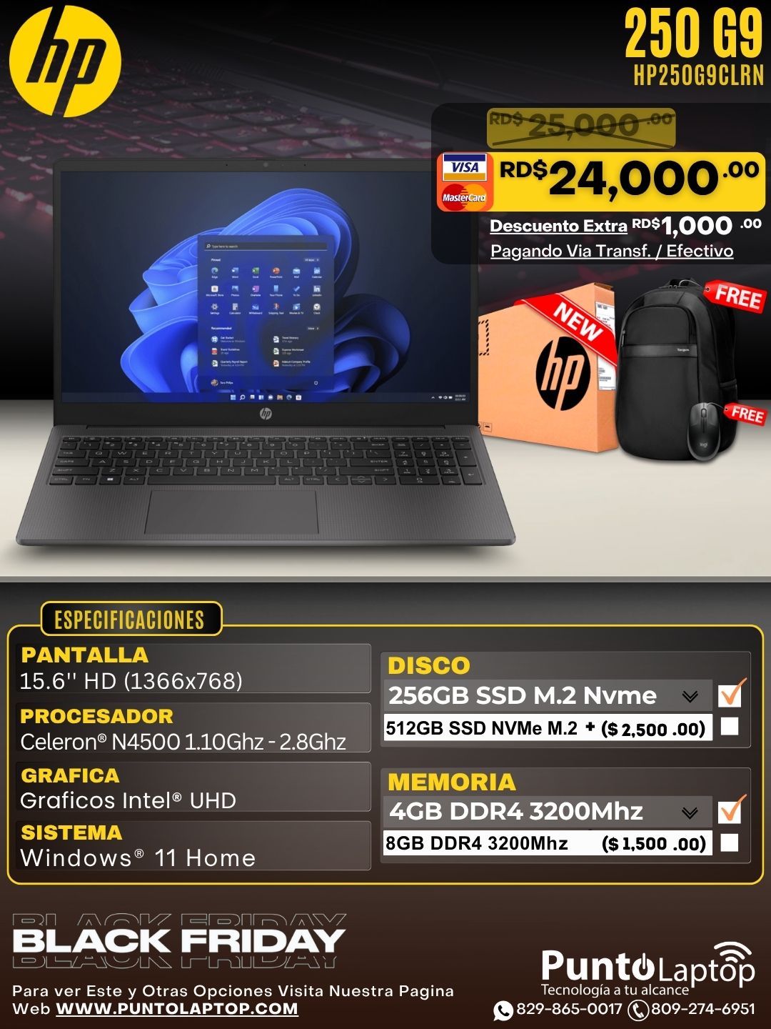 HP 250 G9 15.6" HD Celeron® N4500 256GB SSD 4GB W11 BLACK