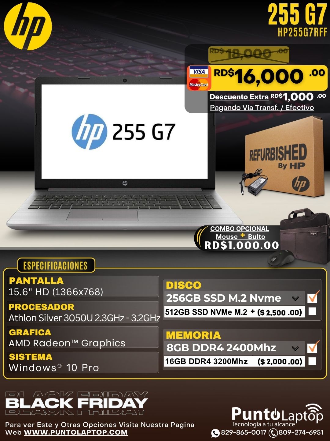 ❞𝐑𝐞𝐟𝐮𝐫𝐛𝐢𝐬𝐡𝐞𝐝❞ HP 255 G7 15.6" AMD Athlon Silver 3050U 256GB SSD 8GB W10 Pro Silver