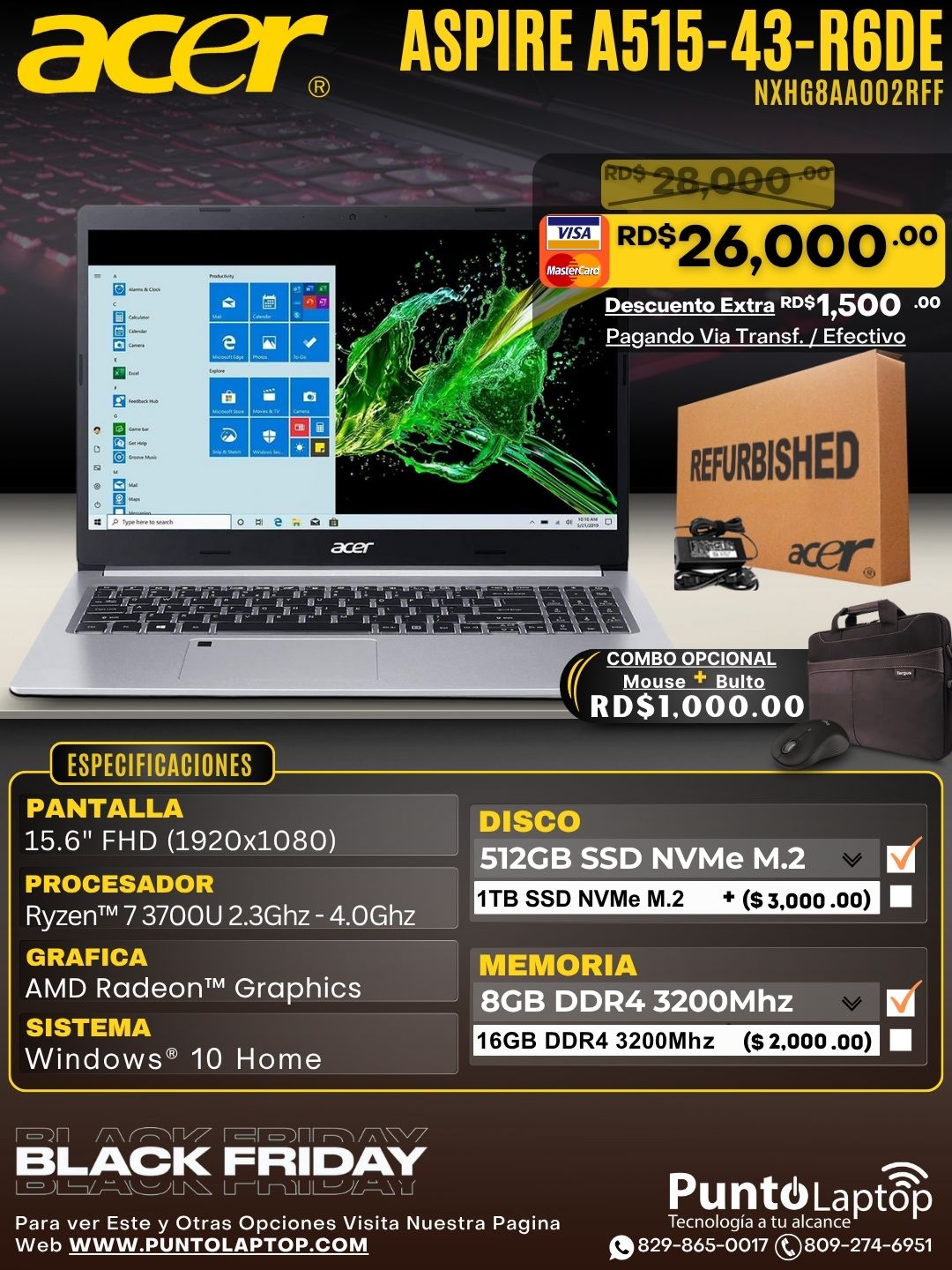 ❞𝐑𝐞𝐟𝐮𝐫𝐛𝐢𝐬𝐡𝐞𝐝❞ Acer Aspire A515-43-R6DE 15.6" FHD Ryzen™ 7 3700U 512GB SSD 8GB W10 SILVER