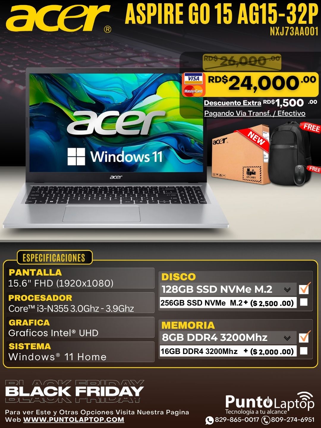 Acer Aspire GO 15 AG15-32P 15.6" FHD Core™ 3-N355 128GB SSD 8GB W11 SILVER