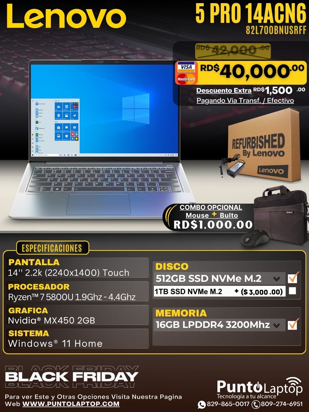 ❞𝐑𝐞𝐟𝐮𝐫𝐛𝐢𝐬𝐡𝐞𝐝❞ Lenovo 5 PRO 14ACN6 14" 2.2K (2240x1400) Touch IPS Ryzen™ 7 5800U 512GB SSD 16GB W11 NVIDIA® MX450 2GB STORM GREY Bcklt