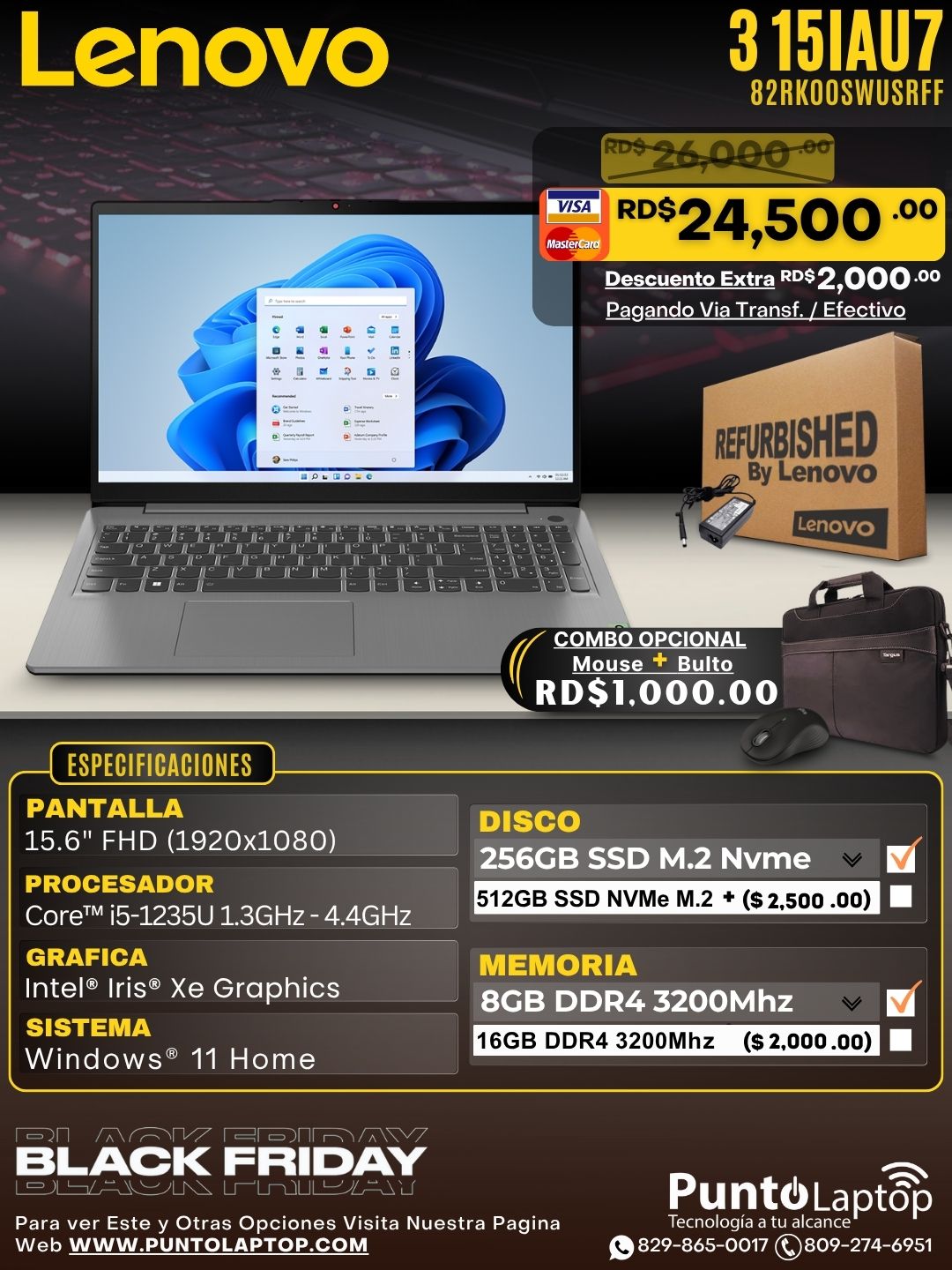 ❞𝐑𝐞𝐟𝐮𝐫𝐛𝐢𝐬𝐡𝐞𝐝❞ Lenovo 3 15IAU7 15.6" FHD Core™ i5-1235U 256GB SSD 8GB W11 GREY Bcklt
