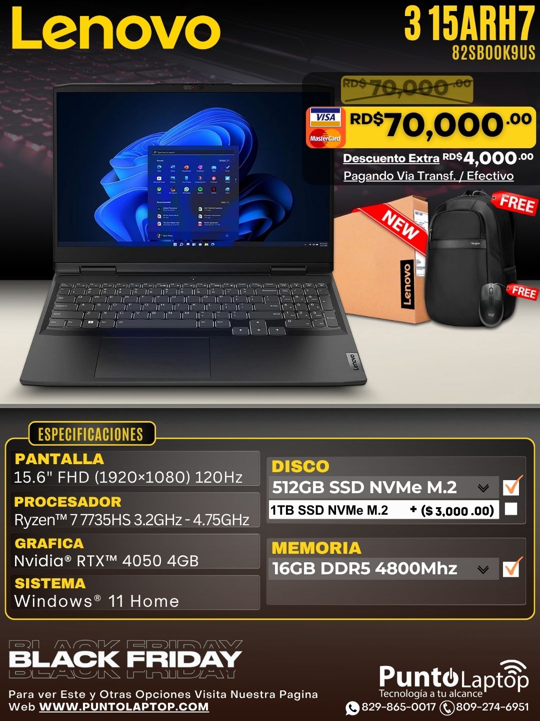 Lenovo 3 15ARH7 15.6" FHD 120Hz AMD Ryzen™ 7 7735HS 512GB SSD 16GB WIN11 NVIDIA® RTX 4050 4096MB ONYX GREY