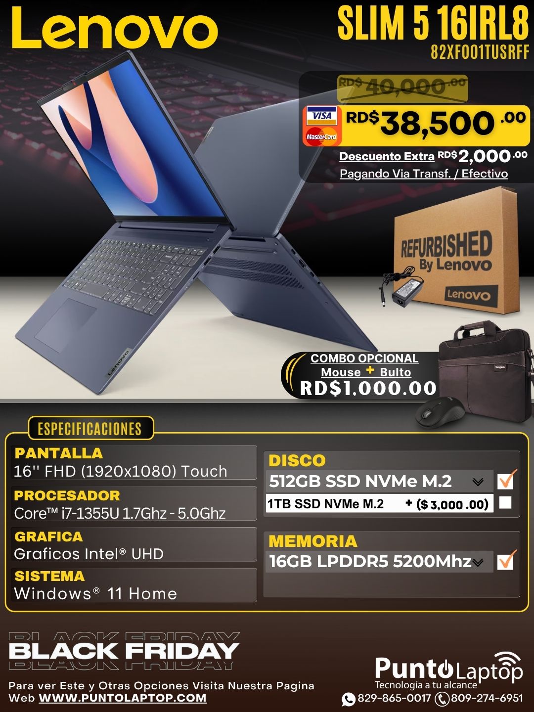 ❞𝐑𝐞𝐟𝐮𝐫𝐛𝐢𝐬𝐡𝐞𝐝❞ Lenovo SLIM 5 16IRL8 16" FHD Touch IPS Core™ i7-1355U 512GB SSD 16GB W11 BLUE Bcklt