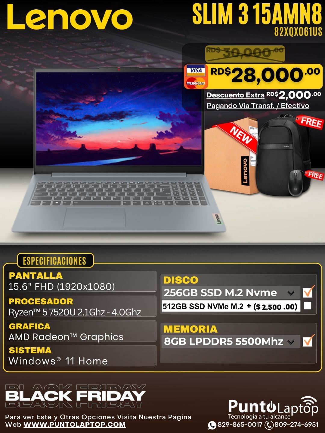 Lenovo SLIM 3 15AMN8 15.6" FHD IPS Ryzen™ 5 7520U 256GB SSD 8GB W11 GREY Bcklt