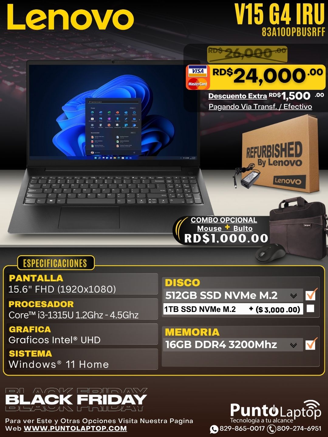 ❞𝐑𝐞𝐟𝐮𝐫𝐛𝐢𝐬𝐡𝐞𝐝❞ Lenovo V15 G4 IRU 15.6" FHD Core™ i3-1315U 512GB SSD 16GB W11 BLACK RJ45