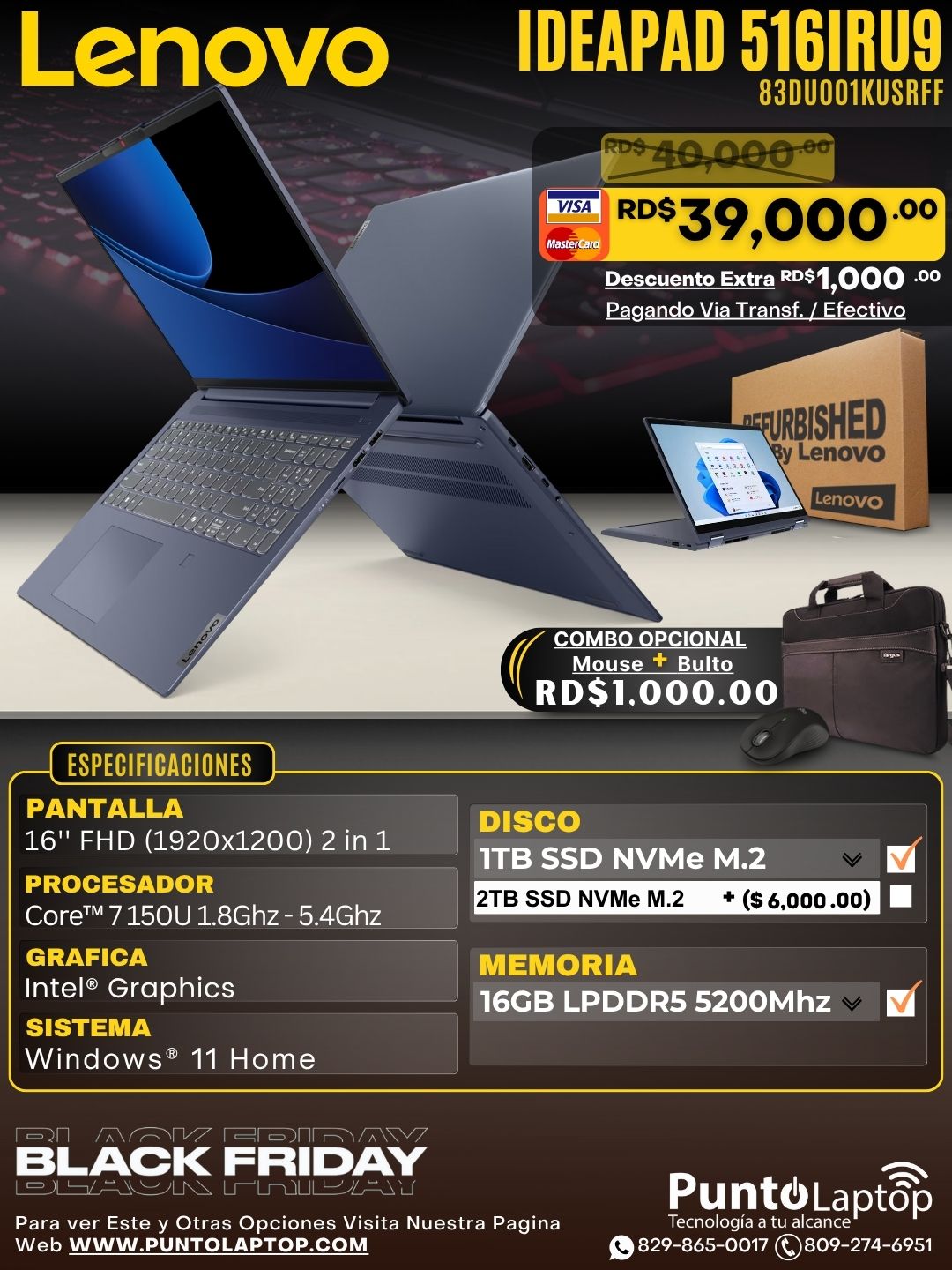 ❞𝐑𝐞𝐟𝐮𝐫𝐛𝐢𝐬𝐡𝐞𝐝❞ Lenovo 5 16IRU9 2-IN-1 16" WUXGA FHD Touch IPS Core™ 7 150U 1TB SSD 16GB W11 COSMIC BLUE Bcklt