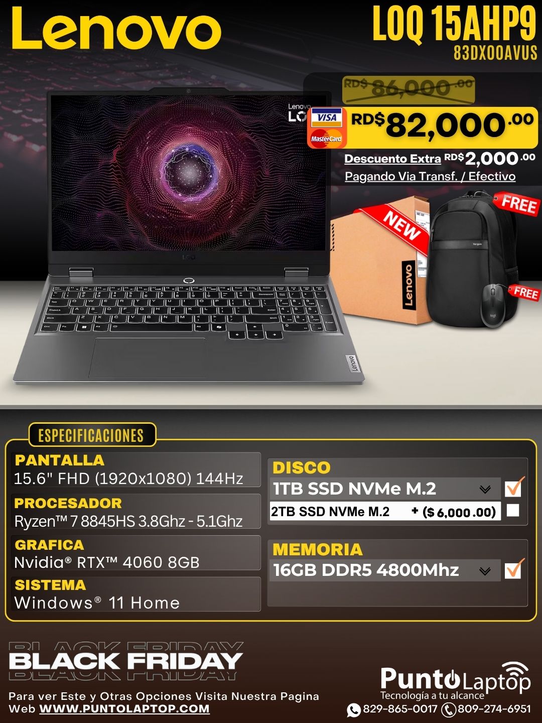 Lenovo LOQ 15AHP9 15.6" FHD 144Hz IPS Ryzen™ 7 8845HS 1TB SSD 16GB W11 NVIDIA® RTX 4060 8GB LUNA GREY Bcklt