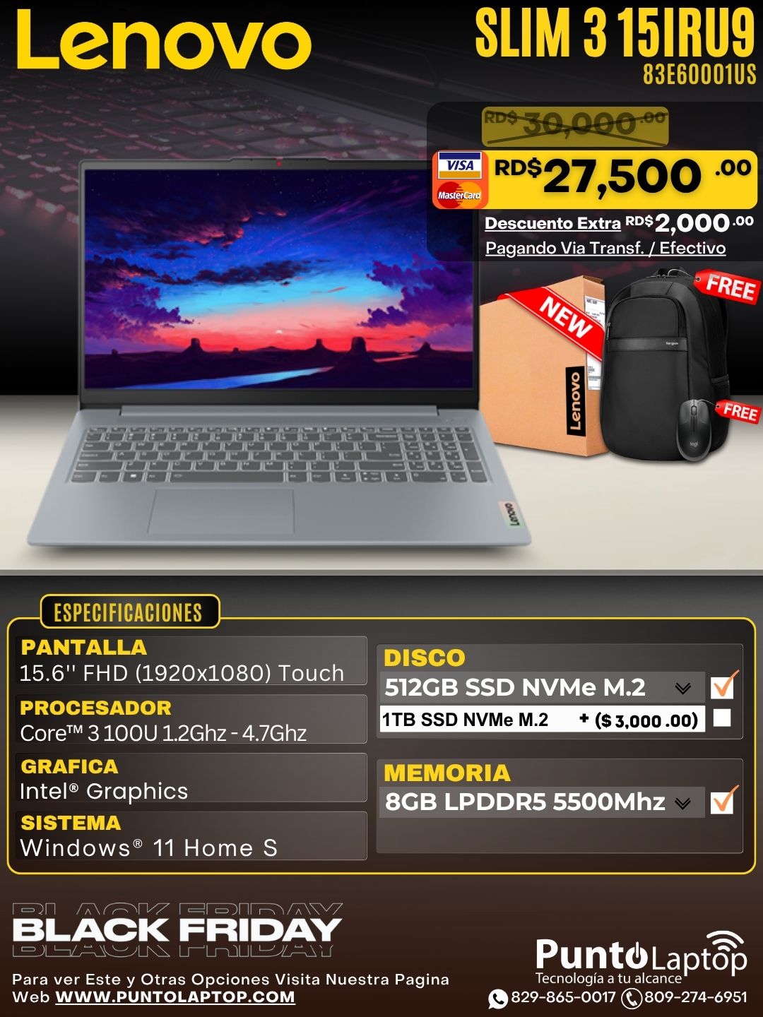 Lenovo Slim 3 15IRU9 15.6" FHD Touch Core™ 3 100U 512GB SSD 8GB W11 ARTIC GREY Bcklt