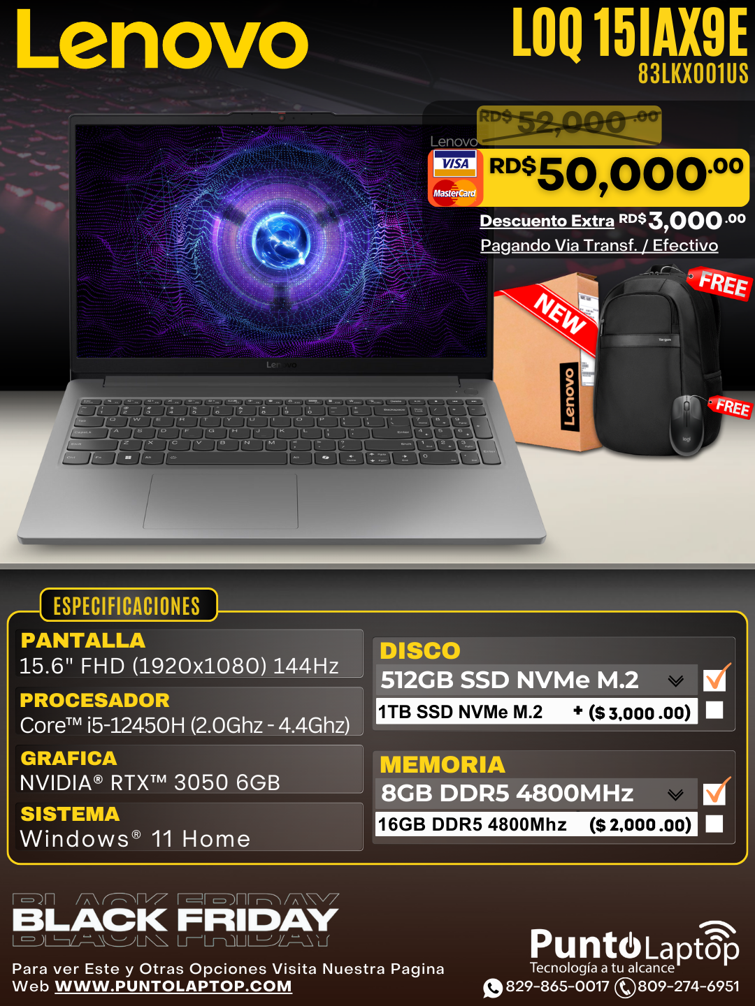 Lenovo LOQ 15IAX9E 15.6" FHD 144Hz Core™ i5-12450HX 512GB SSD 8GB W11 NVIDIA® RTX 3050 6GB GRAY