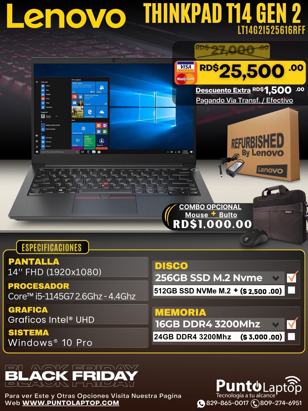 ❞𝐑𝐞𝐟𝐮𝐫𝐛𝐢𝐬𝐡𝐞𝐝❞ Lenovo ThinkPad T14 G2 14" FHD Core™ i5-1145G7 256GB SSD 16GB W10 Pro BLACK Bcklt
