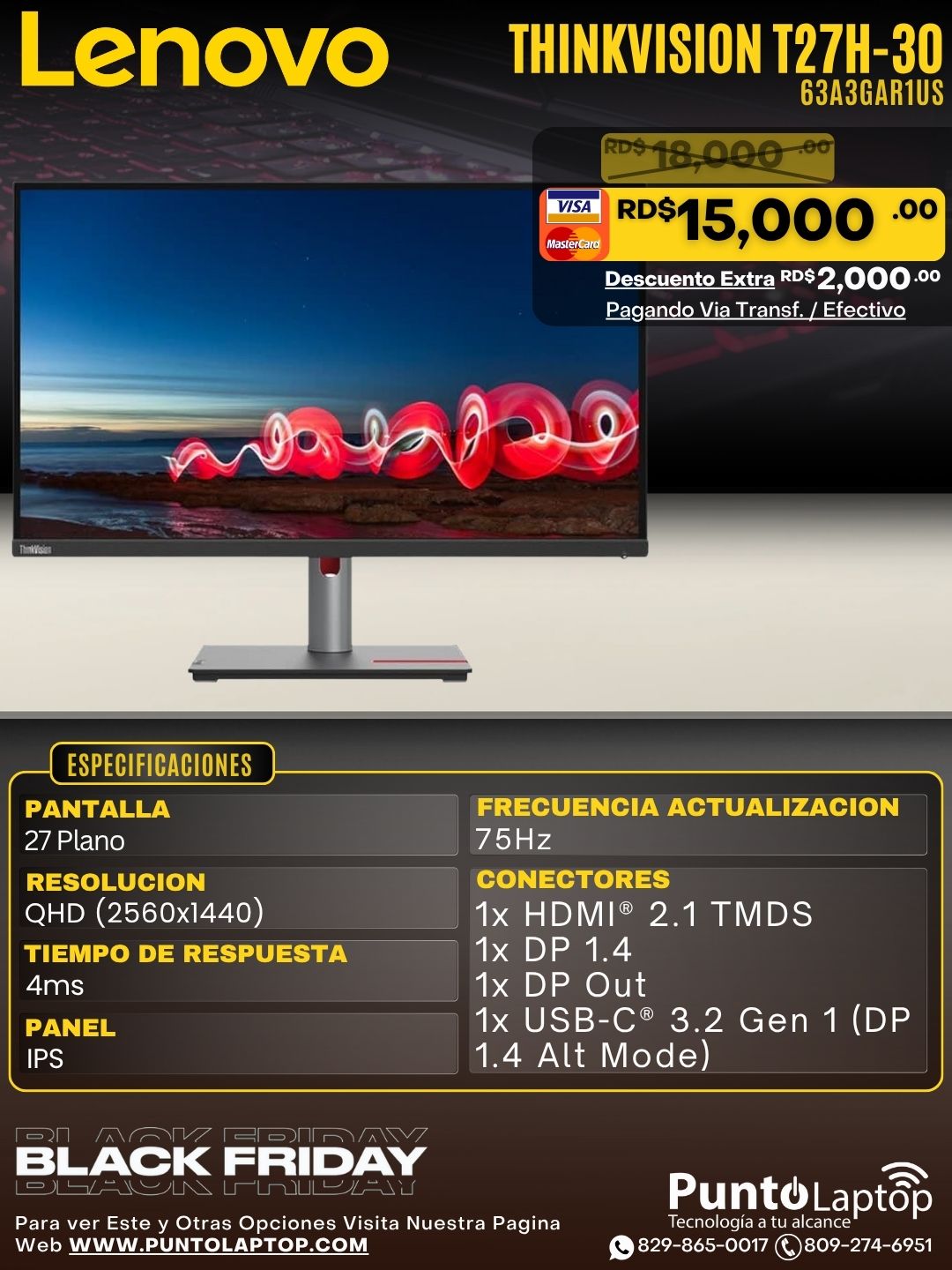 Lenovo ThinkVision T27h-30 27" (2560x1440) QHD IPS Natural Low Blue Light Black Monitor