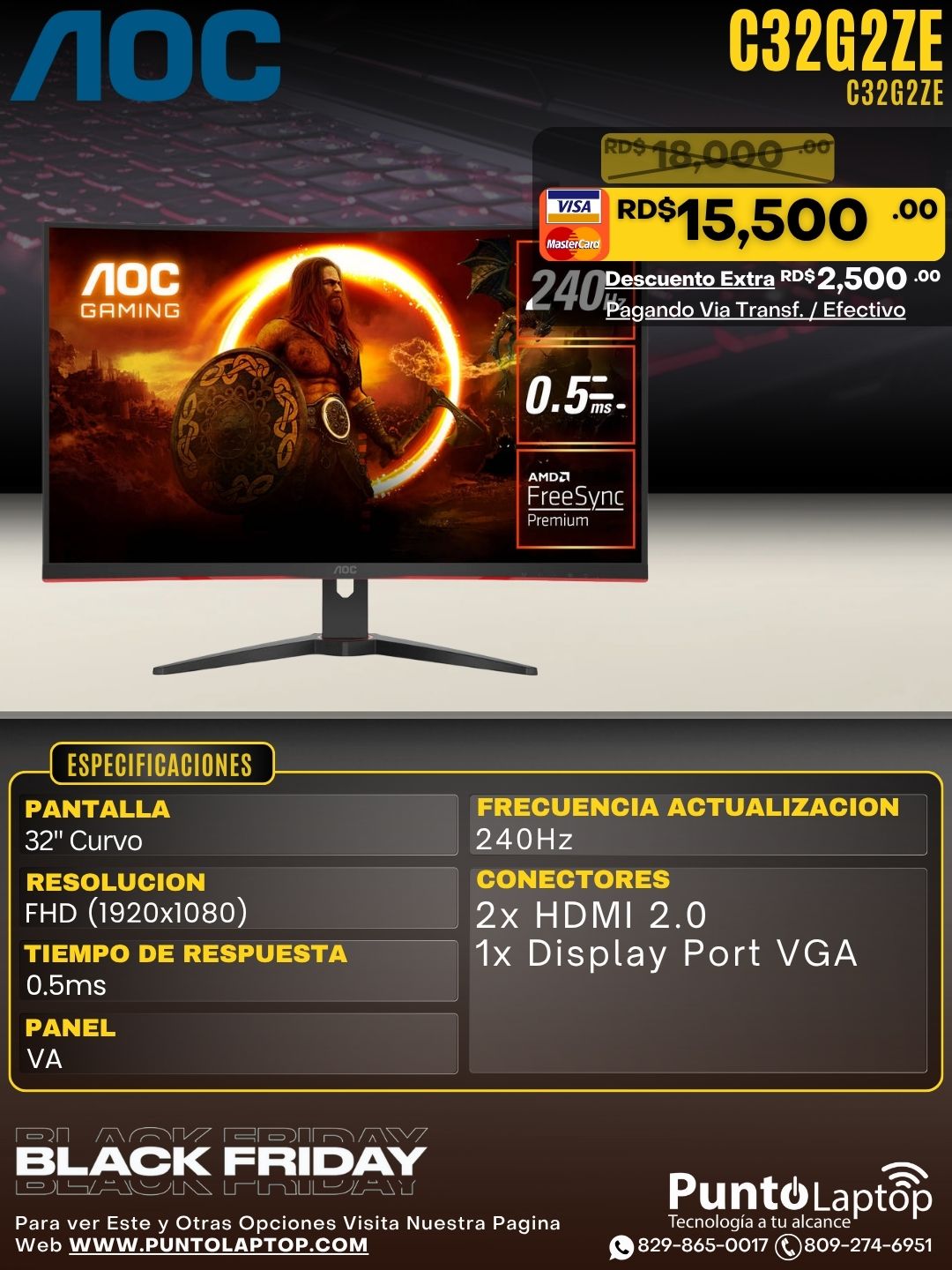 AOC C32G2ZE 32" Curved Gaming Monitor FHD VA 0.5ms 240Hz AMD FreeSync Premium
