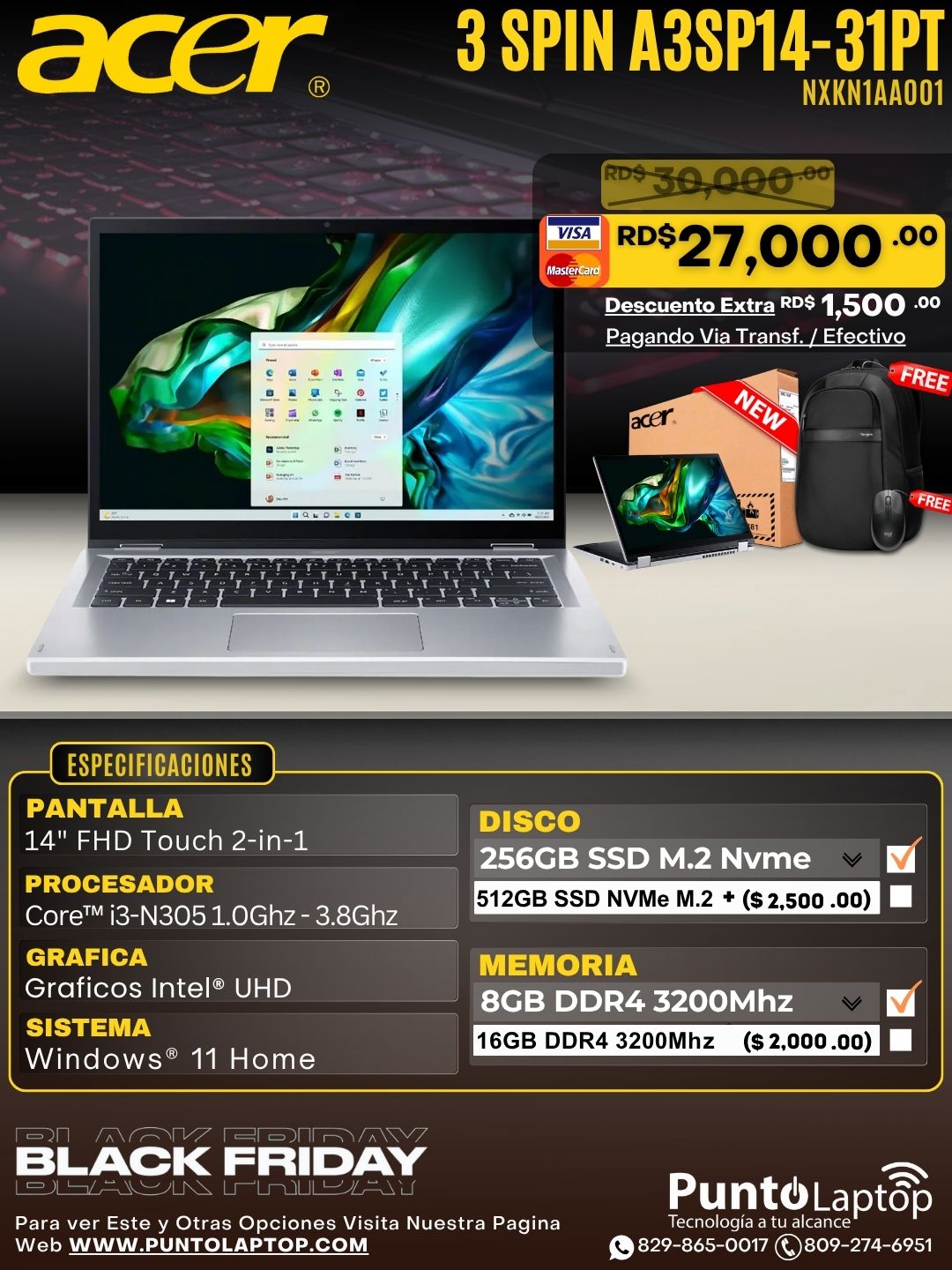 Acer 3 SPIN A3SP14-31PT-32M6 2-IN-1 14" FHD Touch Core™ i3-N305 256GB SSD 8GB W11 S PURE SILVER