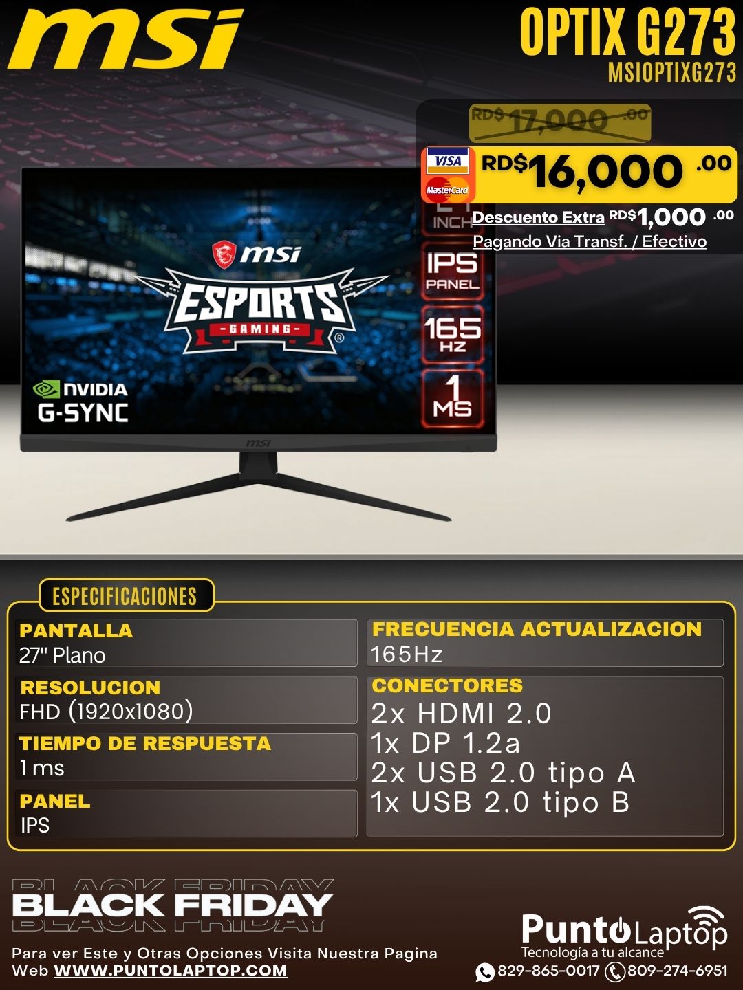 MSI Optix G273 27" FHD IPS 165Hz 2xHDMI Nvidia G-Sync