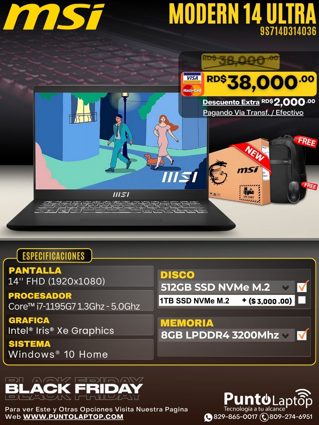 MSI MODERN 14 C11M 14" FHD Core™ i7-1195G7 512GB SSD 8GB W11 BLACK Bcklt