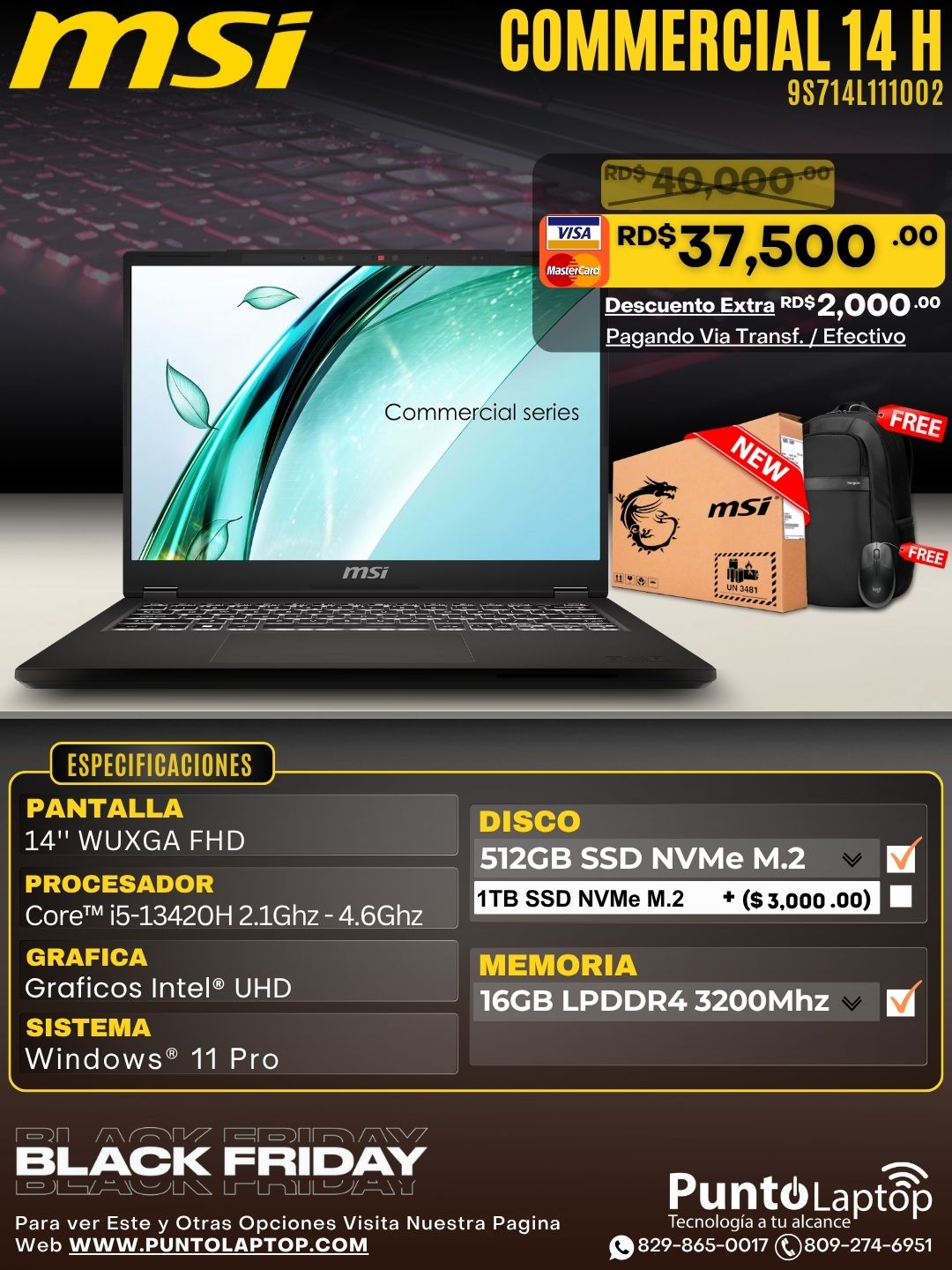 MSI Commercial 14 H A13MG-002 14" WUXGA FHD IPS Core™ i5-13420H 512GB SSD 16GB W11 Pro SOLID GRAY Bcklt