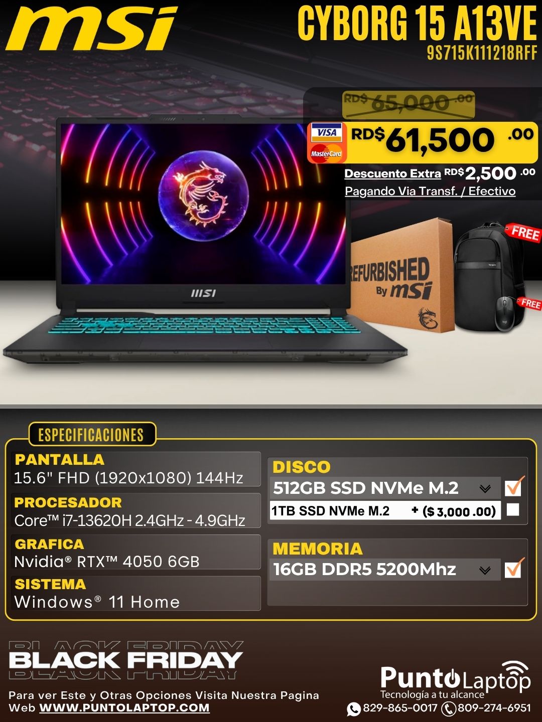 ❞𝐑𝐞𝐟𝐮𝐫𝐛𝐢𝐬𝐡𝐞𝐝❞ MSI CYBORG 15 A13VE-218 15.6" FHD 144Hz IPS Core™ i7-13620H 512GB SSD 16GB W11 RTX 4050 6GB BLACK Bcklt
