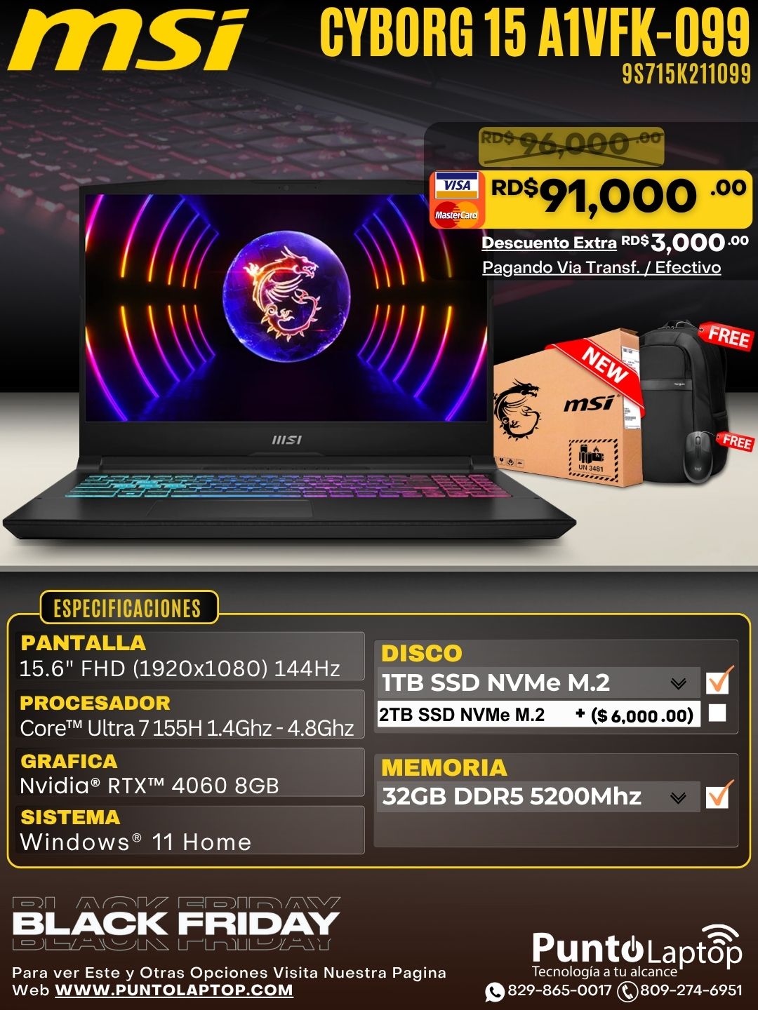 MSI CYBORG 15 A1VFK-099 15.6" FHD 144Hz Core™ Ultra 7 155H 1TB SSD 32GB W11 Pro NVIDIA® RTX 4060 8GB TRANSLUCENT BLACK Bcklt