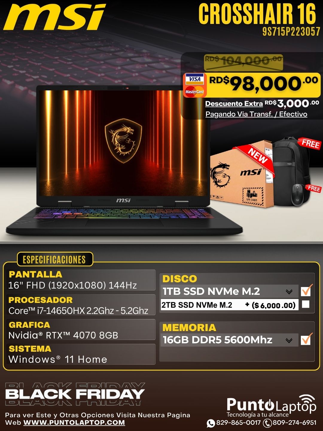 MSI CROSSHAIR 16 16" FHD 144Hz Core™ i7-14650HX 1TB SSD 16GB W11 NVIDIA® RTX 4070 8GB COSMO GRAY Bcklt