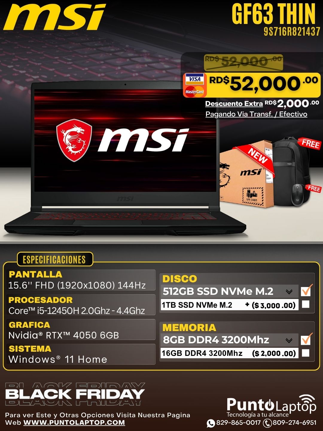 MSI GF63 THIN 15.6" FHD 144Hz Core™ i5-12450H 512GB SSD 8GB W11 NVIDIA® RTX 4050 6GB BLACK Bcklt