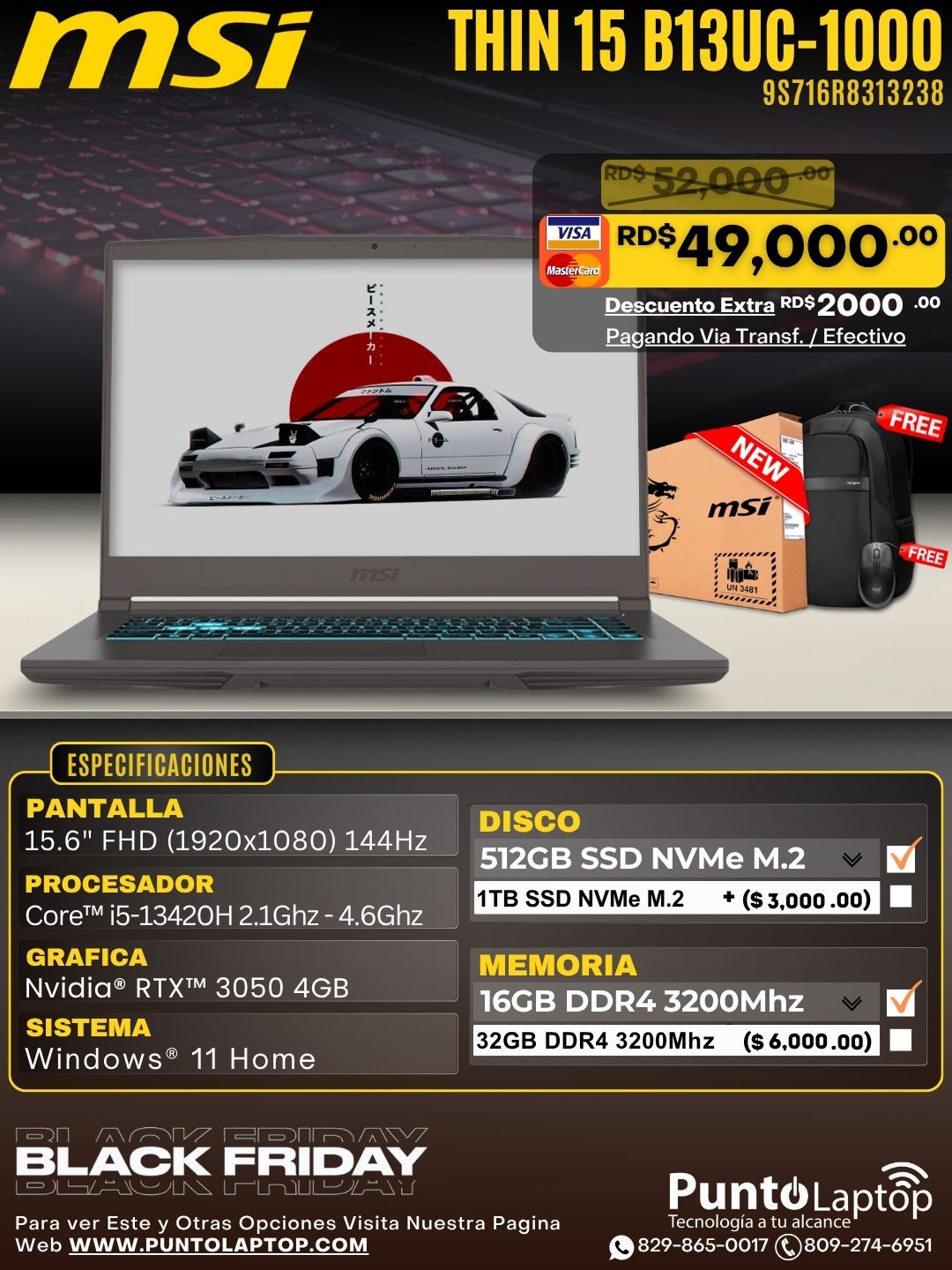 MSI THIN 15 B13UC-1000 15.6" FHD 144Hz IPS Core™ i5-13420H 512GB 16GB W11 NVIDIA® RTX 3050 4GB BLACK