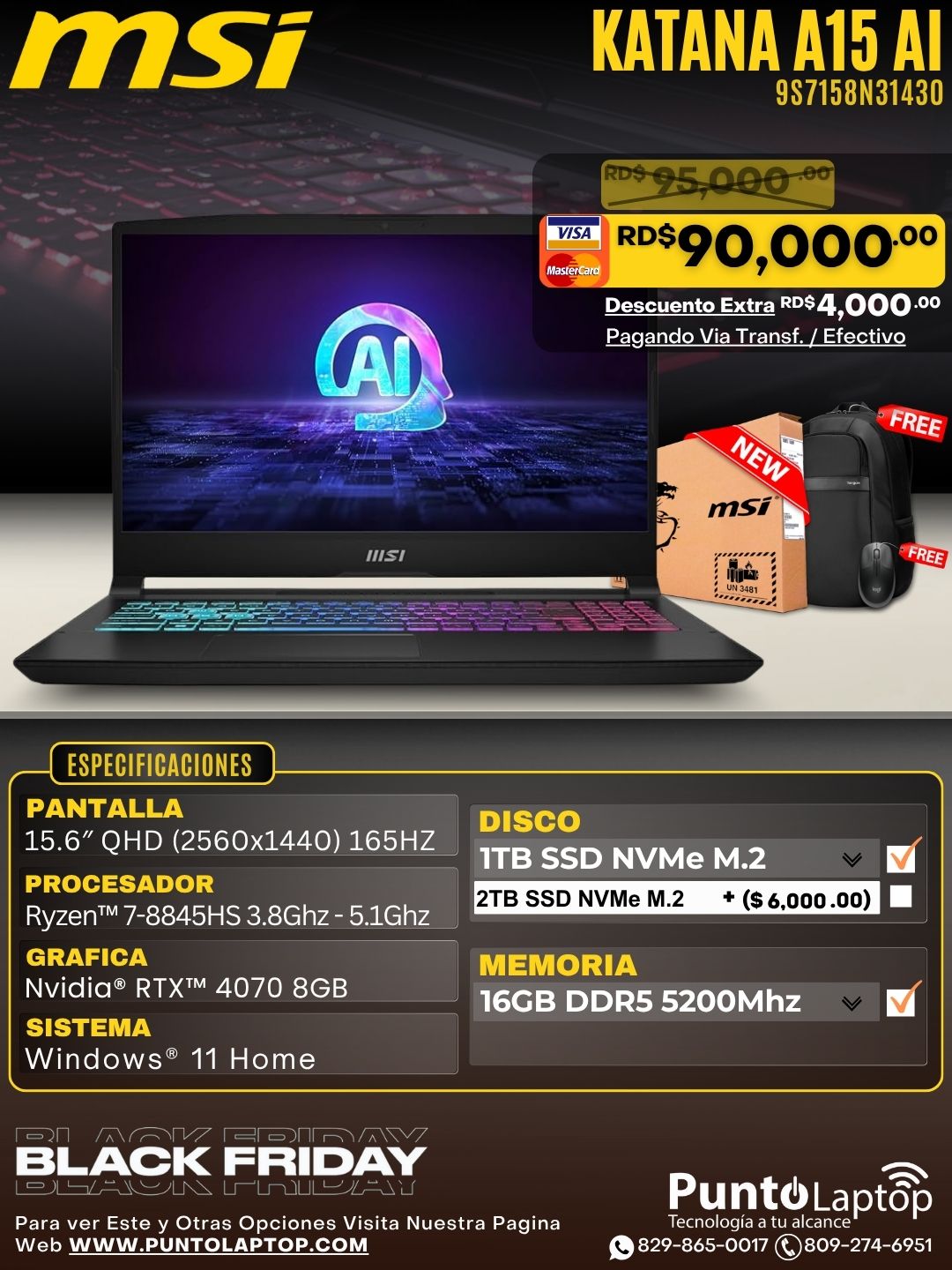 MSI KATANA A15 AI B8VG 15.6" (2560x1440) 165Hz AMD Ryzen™ 7 8845HS 1TB SSD 16GB W11 NVIDIA® RTX 4070 8GB BLACK RGB Bcklt