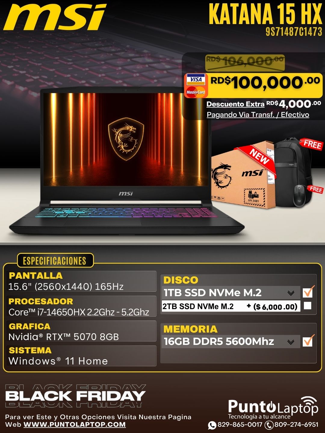 MSI KATANA 15 HX B14WGK 15.6" (2560x1440) 165Hz Core™ i7-14650HX 1TB SSD 16GB W11 NVIDIA® RTX 5070 8GB BLACK Bcklt