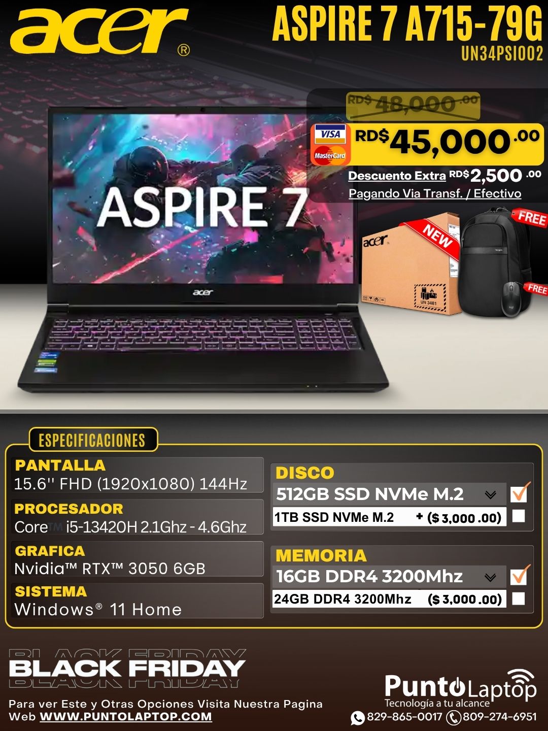 Acer Aspire 7 A715-79G 15.6" FHD 144HZ Core™ i5-13420H 512GB SSD 16GB NVIDIA® RTX 3050 6GB W11 BLACK