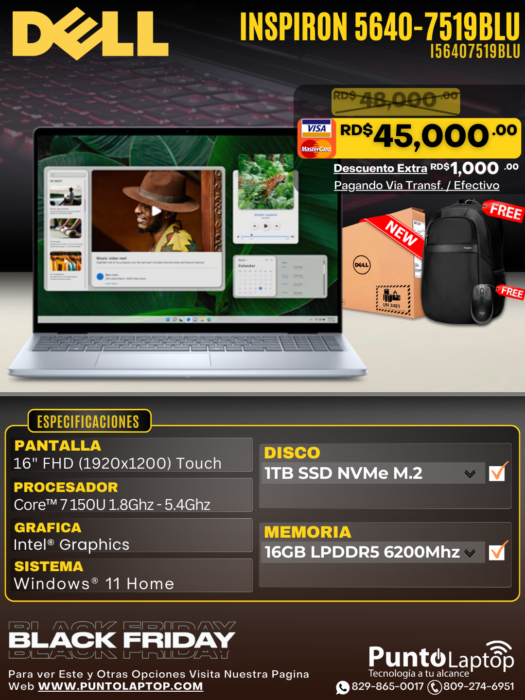 Dell Inspiron 5640 16" FHD Touch Core™ 7 150U 1TB SSD 16GB W11 ICE BLUE Bcklt