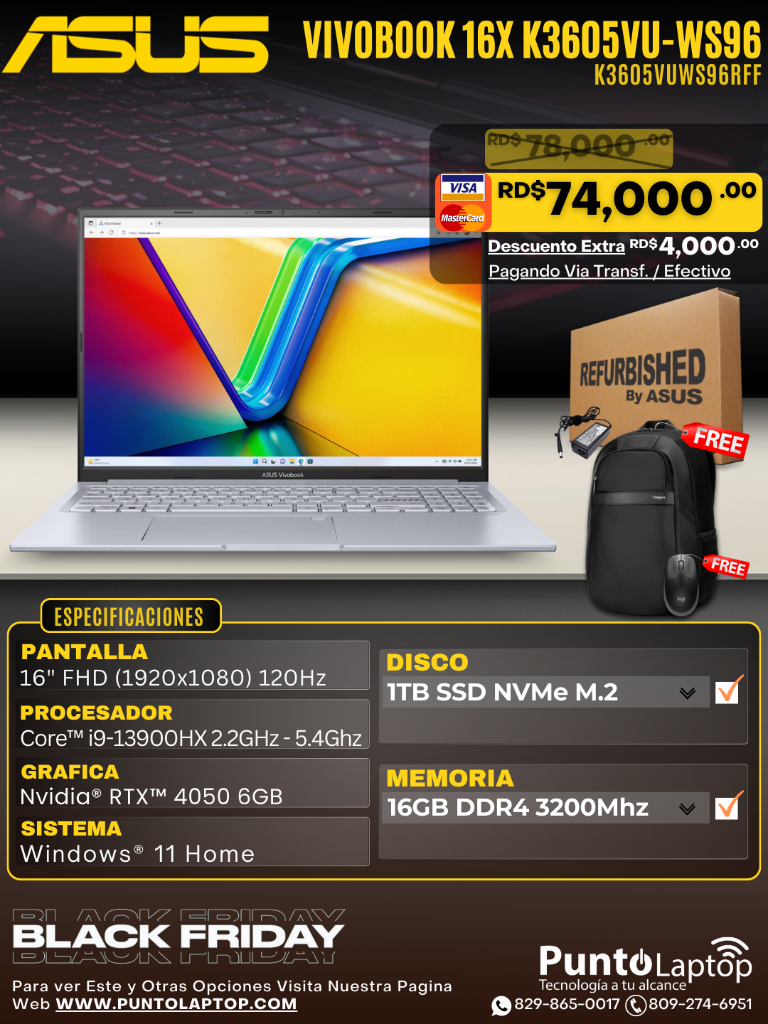 Asus Vivobook 16X K3605VU-WS96 16" WUXGA (1920x1200) 120Hz Core™ i9-13900H 1TB SSD 16GB W11 NVIDIA® RTX 4050 6GB SILVER Bcklt