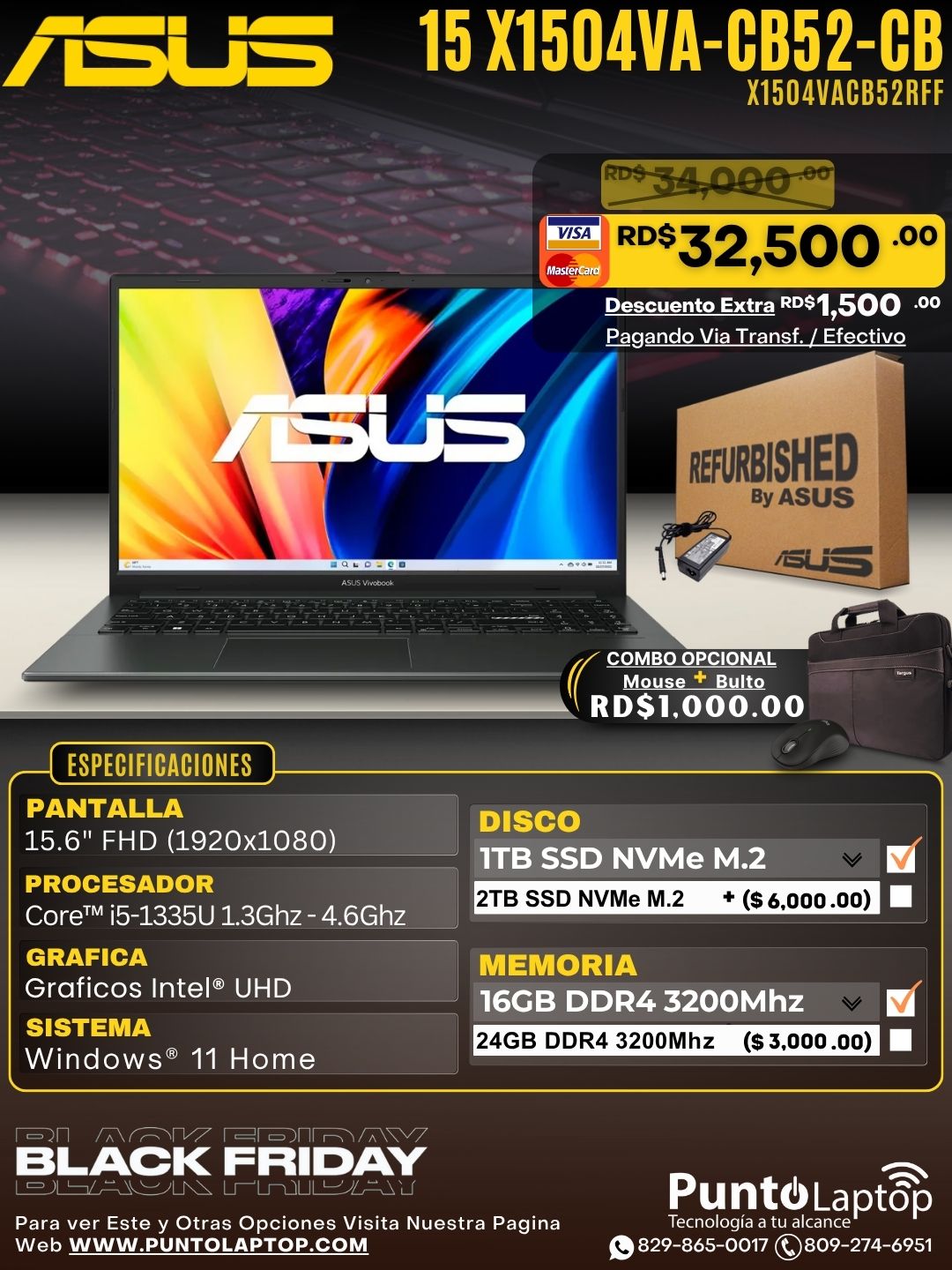 ❞𝐑𝐞𝐟𝐮𝐫𝐛𝐢𝐬𝐡𝐞𝐝❞ Asus Vivobook 15 X1504VA-CB52-CB 15.6" FHD Core™ i5-1335U 1TB SSD 16GB W11 BLACK Bcklt