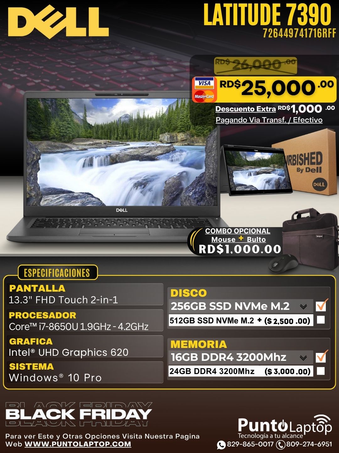 ❞𝐑𝐞𝐟𝐮𝐫𝐛𝐢𝐬𝐡𝐞𝐝❞ Dell Latitude 7390 2-IN-1 13.3" FHDTouch Core™ i7-8650U 256GB SSD 16GB W10 Pro BLACK