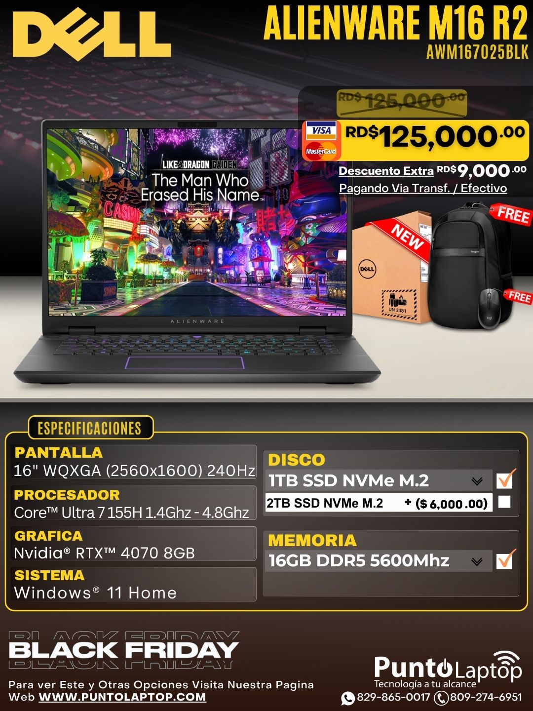 Dell Alienware M16 R2 AWM16-7025BLK 16" WQXGA (2560x1600) 240Hz Core™ Ultra 7 155H 1TB SSD 16GB W11 RTX 4070 8GB DARK METTALIC MOON RGB Bcklt