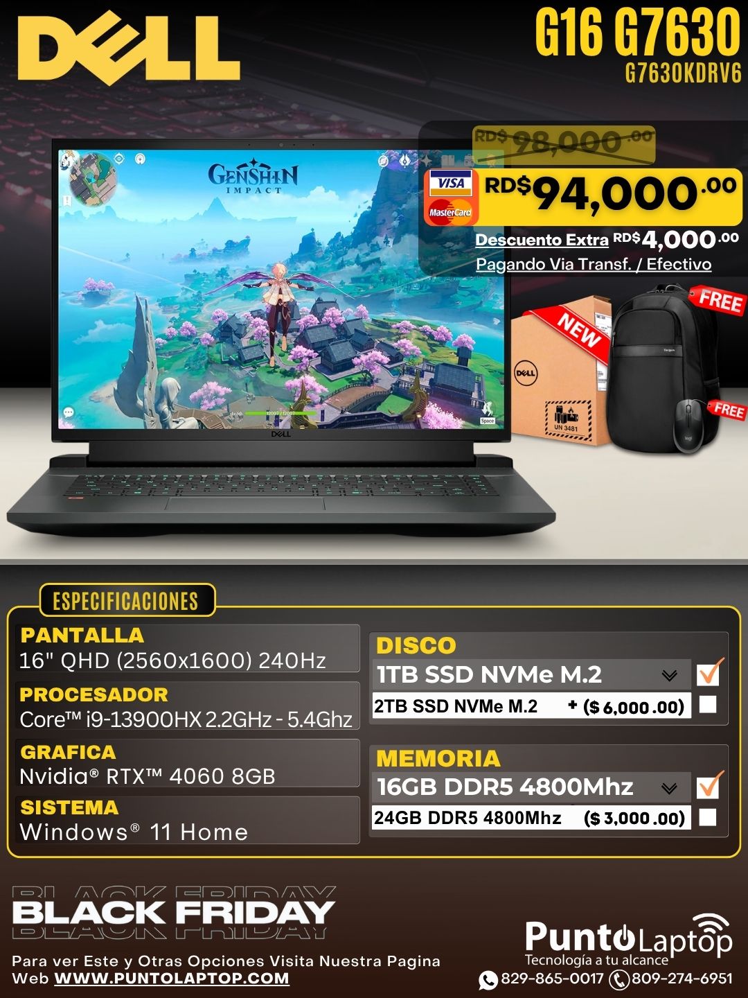 Dell G16 G7630 16" (2560x1600) 240Hz Core™ i9-13900HX 1TB SSD 16GB W11 RTX 4060 8GB METALLIC NIGHTSHADE Bcklt