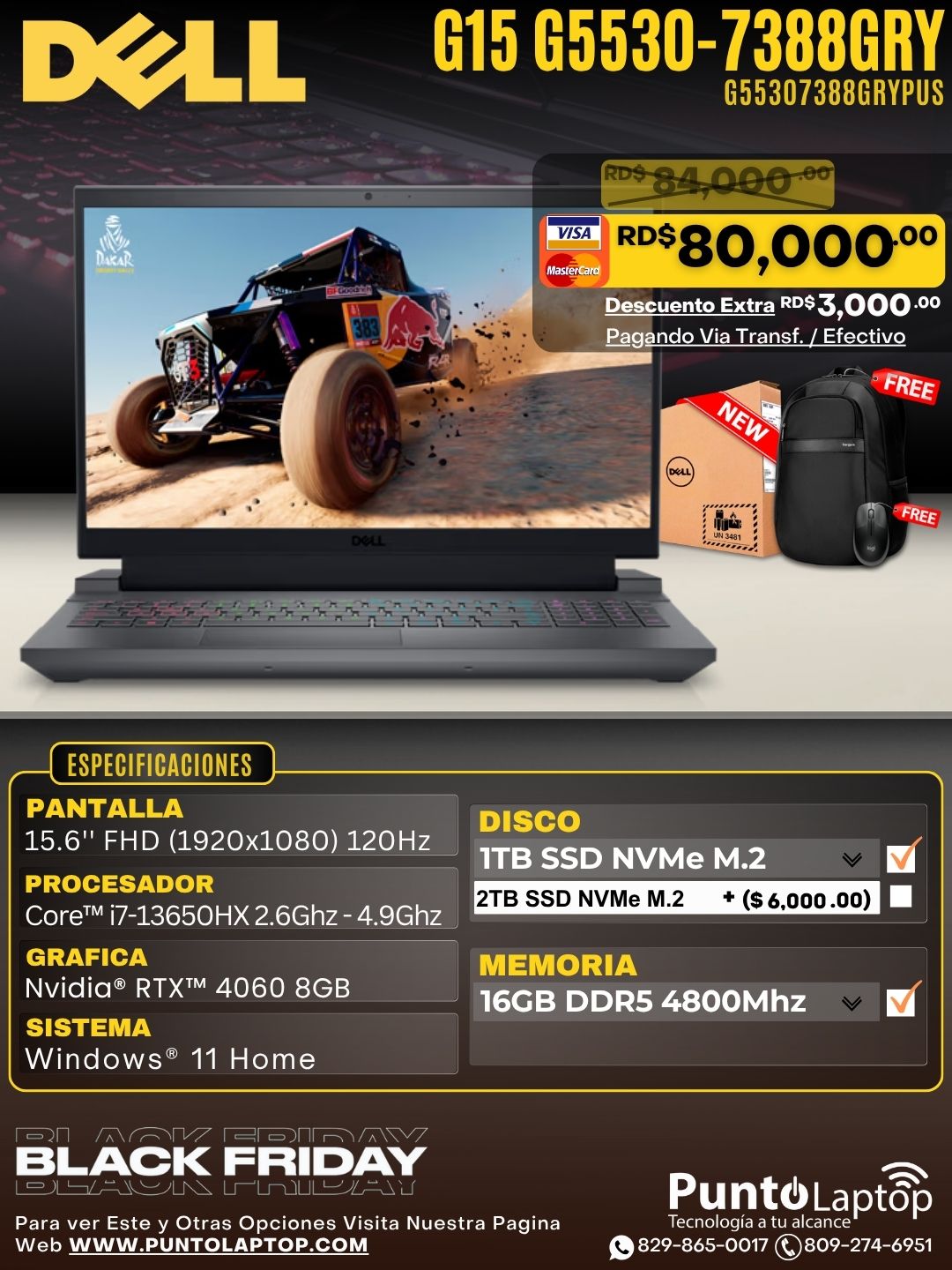 Dell G15 G5530-7388GRY 15.6" FHD 120Hz Core™ i7-13650HX 1TB SSD 16GB W11 RTX 4060 8GB DARK SHADOW GRAY Bcklt